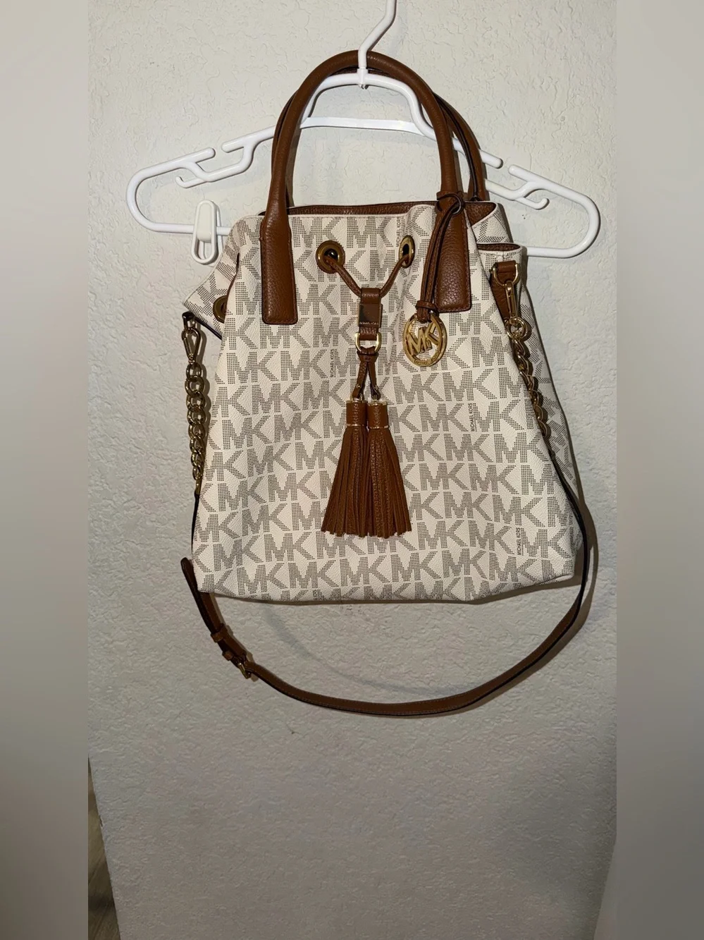 Michael Kors Cream MK Logo Drawstring Satchel with Brown Trim